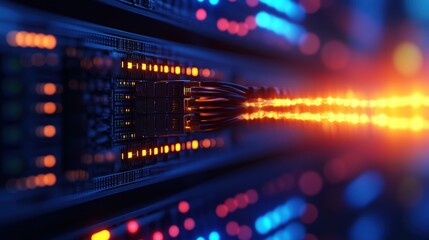 Hightech Server Room with Multiple Servers Illuminated by Soft Blue Lights Creating a Futuristic and Efficient Workspace