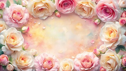 Soft pink rose watercolor frame, high-resolution drone aerial photography, creating a delicate floral border.