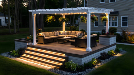 A cozy wooden deck features built-in seating with soft cushions, illuminated with warm lights, surrounded by greenery, creating an inviting outdoor space for relaxation and gatherings