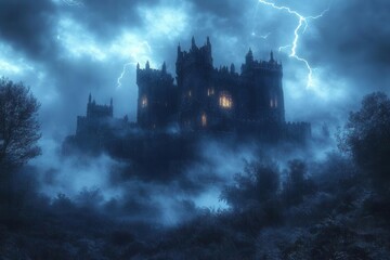 Naklejka premium medieval gothic castle silhouette with mysterious fog glowing windows and ancient stone architecture under stormy night sky with lightning