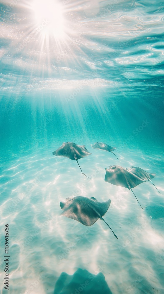 Poster sunbeams filtering through the surface illuminate southern stingrays gracefully swimming in the clea