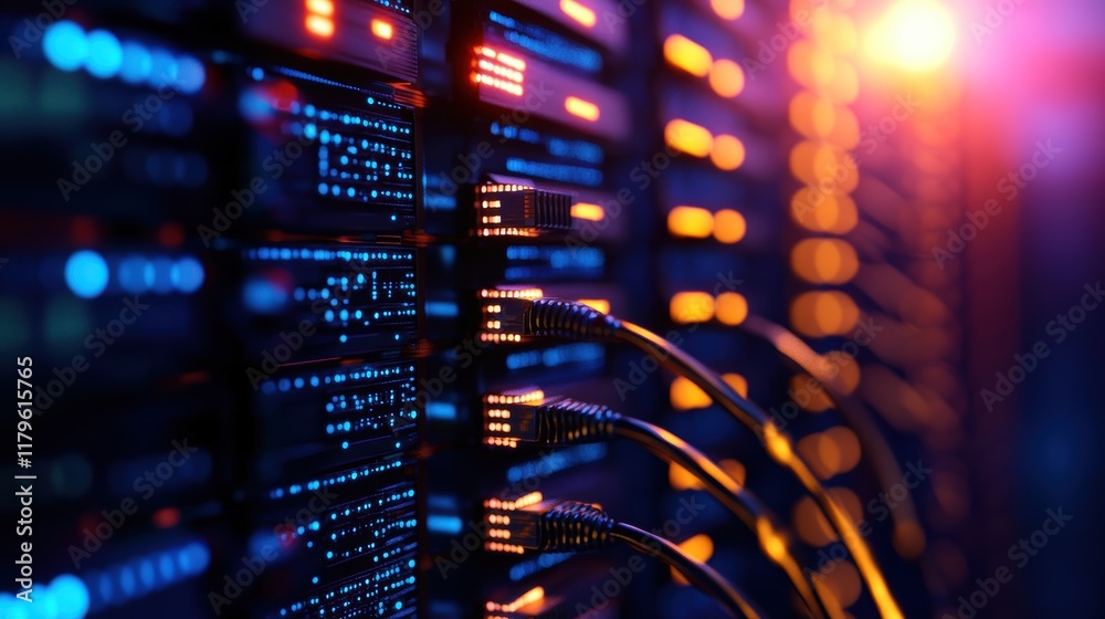 Poster intricate network of computer server wires and cables illustrating modern technology and data connec