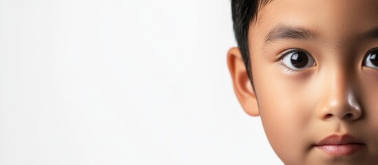 Portrait of an Asian boy with expressive eyes on a white background, featuring ample empty space for personalized text and messaging.