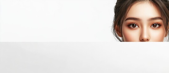 Beautiful Asian woman with clear skin and elegant features peeking over a blank white background, ideal for skincare and beauty promotions.