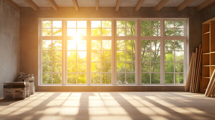 A renovated room filled with warm afternoon light streaming through large windows, showcasing a serene view of nature and wooden shelves ready for decoration
