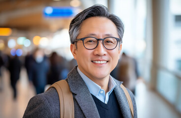 smiling Asian businessman in busy airport terminal, wearing glasses and gray coat, exudes confidence and warmth. background features blurred travelers, enhancing lively atmosphere