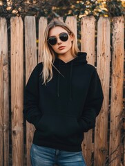 Fototapeta premium Stylish young woman in black hoodie and sunglasses standing confidently against a rustic wooden fence surrounded by greenery, ideal for branding mockup.