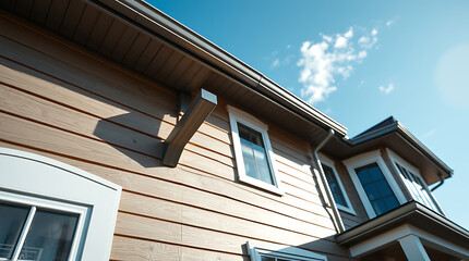 Fototapeta premium Low-angle view of a house exterior featuring light brown horizontal siding, white-framed windows, gray gutters, and a downspout. The clear blue sky is visible in the background.