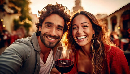 Una pareja de jóvenes alegres y divertidos haciéndose un selfi mientras toman una copa de vino tinto, AF