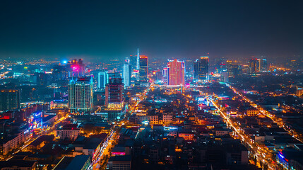 A vibrant city skyline illuminated at night, showcasing modern architecture and lively streets.
