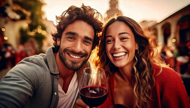 Una pareja de j&oacute;venes alegres y divertidos haci&eacute;ndose un selfi mientras toman una copa de vino tinto, AF