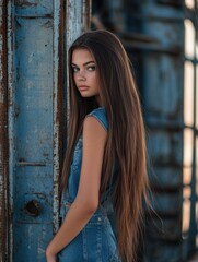 Fototapeta premium Brunette female with long hair in denim dress poses against rusted blue metal structure, creating ample copyspace for text in industrial setting.