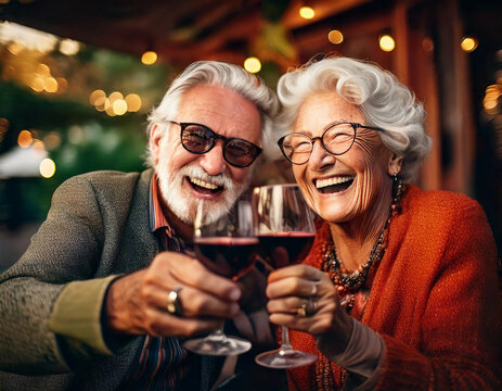 Una pareja senior alegres y divertidos haci&eacute;ndose un selfi mientras toman una copa de vino tinto, AF