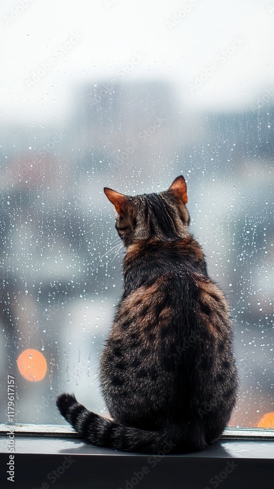 Aufkleber Bengal cat sits on a windowsill, observing the rain falling on a blurred cityscape through a wet window, creating a cozy and melancholic atmosphere
