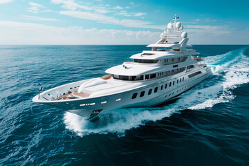 Luxury private big motor yacht in tropical sea with soft blue wave, abstract vivid composition consists of fictional unreal fantastic vision on background