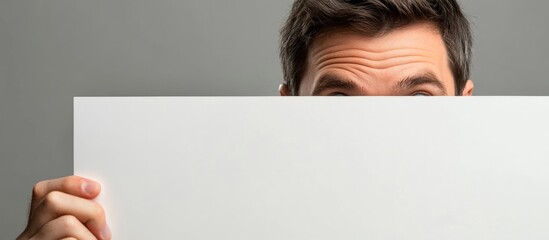 Confident businessman holding large blank poster board in front of his face against neutral gray background for customizable text and advertising space