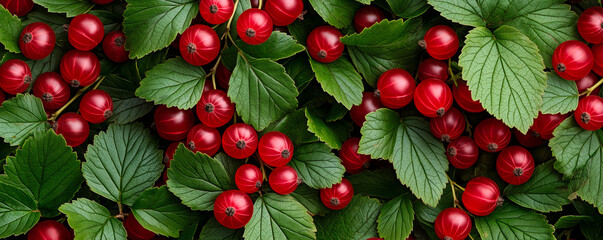 Obraz premium Fresh red currants nestled among vibrant green leaves create rich, natural tapestry. This captures essence of summer harvest, showcasing beauty of nature bounty