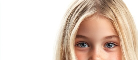 Naklejka premium Portrait of young blonde girl with long hair and blue eyes against a clean white background featuring spacious area for text placement and creative design.