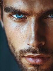 Naklejka premium Intense close-up portrait of charismatic young man with striking blue eyes and a rugged beard against a moody dark background with ample empty space for text.