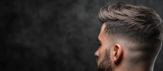 Obraz premium Closeup of stylish men's haircut featuring textured dark hair against a blurred dark background with ample empty space for text or branding