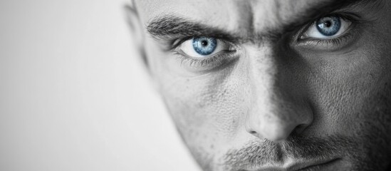 Naklejka premium Closeup monochrome portrait of a man with striking blue eyes gazing intently at the camera, featuring a questioning and suspicious expression against a vast neutral background for text integration.