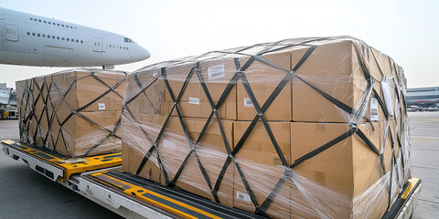 Large cargo pallets wrapped and secured on a loading platform being loaded into an airplane at an airport under bright daylight.