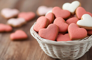 Obraz premium Delightful heart shaped cookies in woven basket, perfect for Valentine Day celebrations. These sweet treats add charming touch to any festive occasion