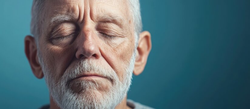 World Alzheimer's Day Concept with Senior Caucasian Man's Serene Face and Closed Eyes against Soft Blue Background for Awareness and Celebratory Themes - Powered by Adobe