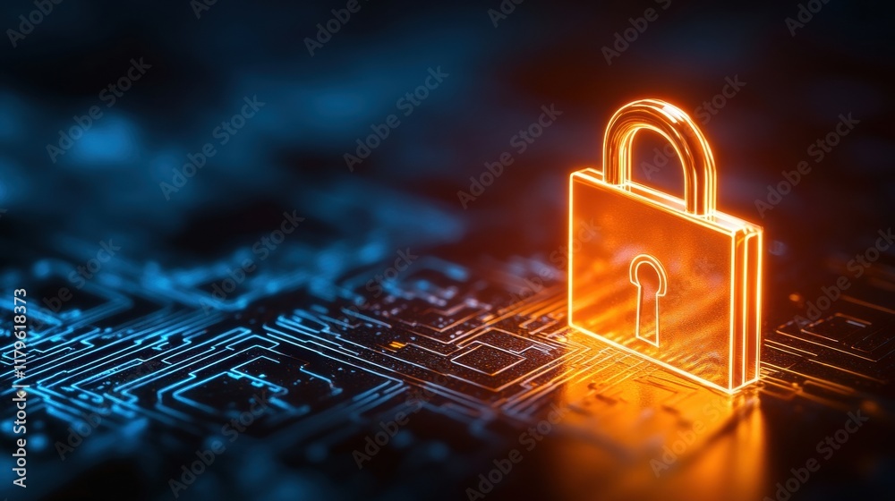 Poster intricate lock embedded within high-tech circuitry illuminated by a soft glowing light creating an a