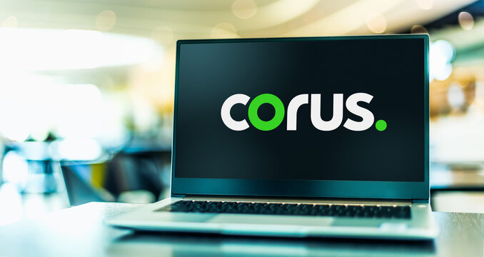 Laptop computer displaying logo of Corus Entertainment