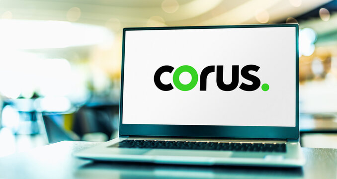 Laptop computer displaying logo of Corus Entertainment