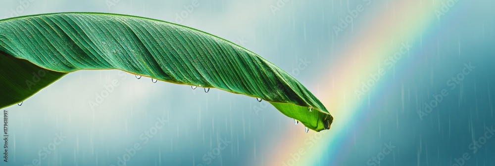 Aufkleber large green tropical leaf collecting raindrops during a downpour with a colorful rainbow appearing i