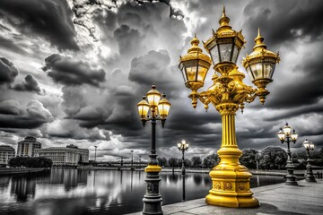 Golden Accents on Black and White Night Photography Background