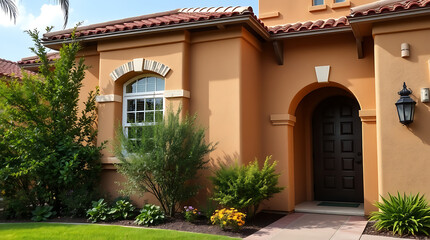 Fototapeta premium A Mediterranean-style house features a stucco exterior, terracotta roof, arched entryway with dark wood door, and landscaping including shrubs and flowers. The house is painted a warm orange-brown.