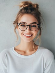 Fototapeta premium Cheerful woman with stylish black glasses smiling at the camera in a soft gray studio setting showcasing contemporary portraiture for design inspiration.