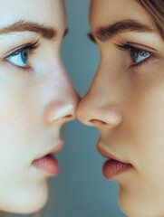 Obraz premium Portrait of two beautiful women with blue eyes sharing a moment of friendship and connection, facing each other in a soft light environment.