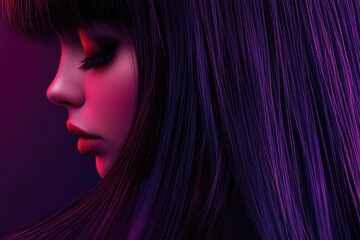 Glossy straight hair of a beautiful brunette woman with a side profile against a vibrant purple and pink gradient background featuring ample text space.