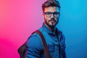 Stylish businessman in casual denim attire with leather bag poses against vibrant pink and blue studio lights showcasing professional appeal and versatility.
