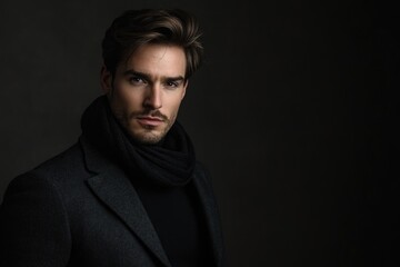 Obraz premium Stylish young man with well-groomed hair wearing a dark scarf and blazer, captured against a soft black gradient background with ample negative space for text.