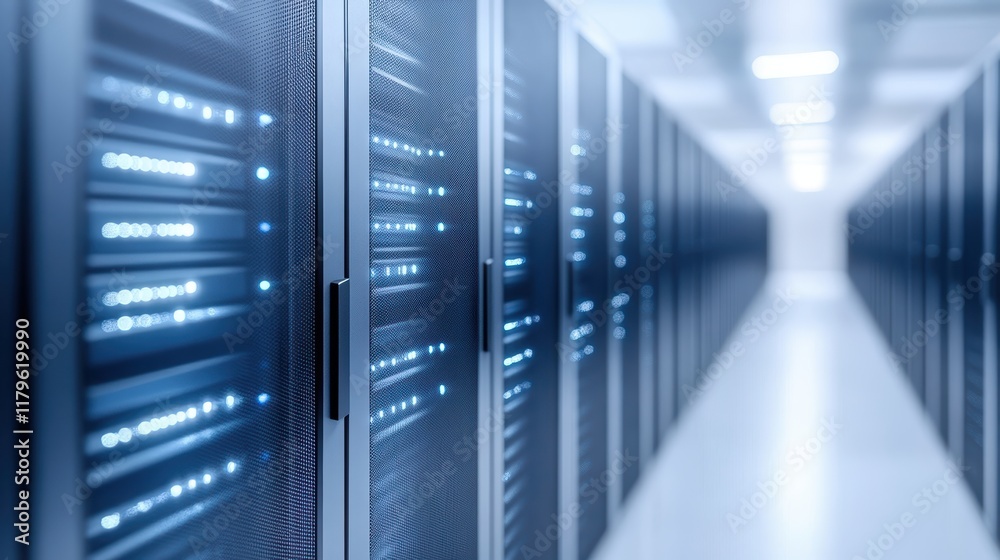 Poster rows of high-tech servers in a modern data center environment showcasing advanced computing infrastr