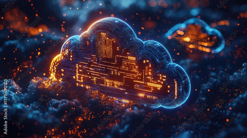 Poster A vibrant digital representation of cloud storage, featuring glowing circuits and flowing data streams, embodying modern technology and innovation in a captivating way.