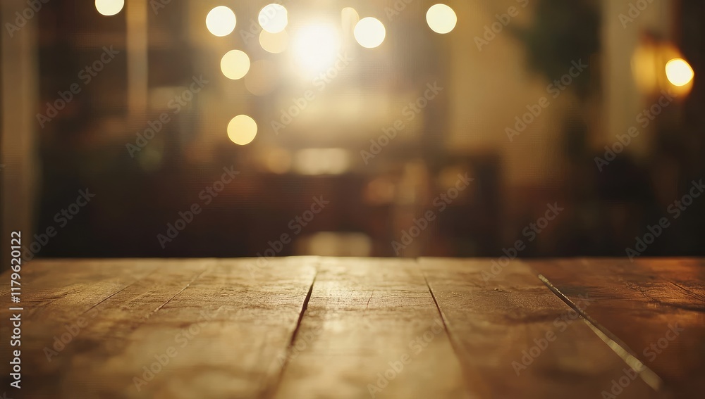 Aufkleber an empty wooden tabletop with a blurred background of a restaurant interior at night, featuring gold