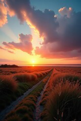 Early morning sun rising over the Sylt island landscape, sea, natural light, island