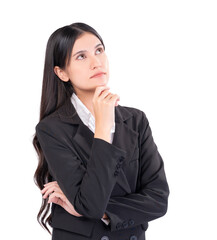 Professional businesswoman in a black suit posing with a thoughtful expression, looking upward against a white background, suitable for conceptual and business-related themes