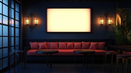 Fototapeta premium Elegant karaoke lounge setting with plush pink seating, ambient lighting, and a large empty screen for text, featuring deep blue walls and wooden accents.