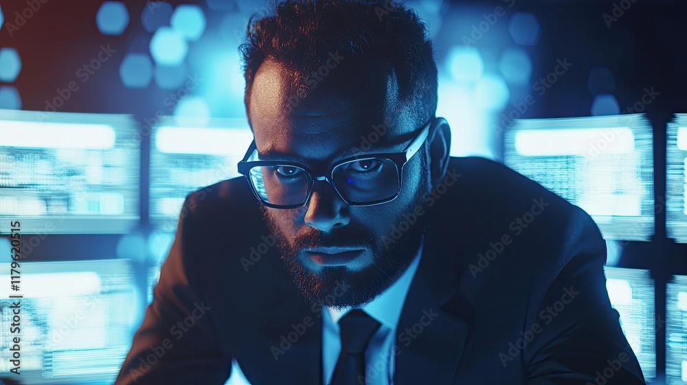 Leinwandbilder a focused male analyst analyzes financial data on multiple glowing monitors in a modern office setti