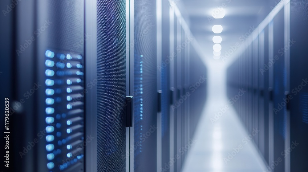 Poster hightech data center with a row of servers illuminated by soft blue light creating a modern and effi
