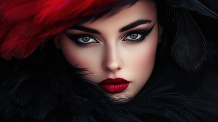 Mysterious Beauty: A Portrait in Red and Black Feathers