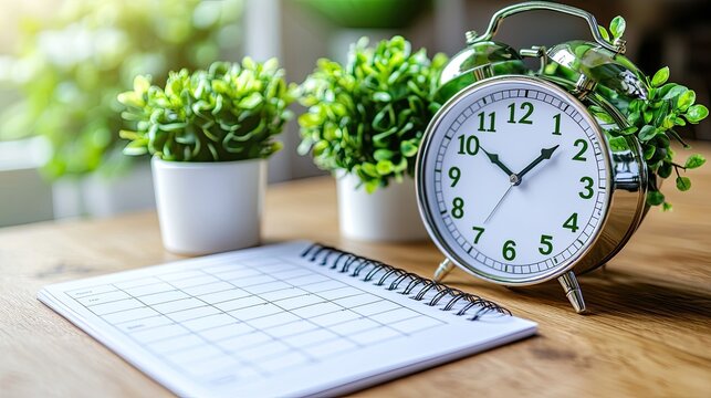 Desk Clock, Planner, Plants, Morning Sunlight, Home Office, Time Management.