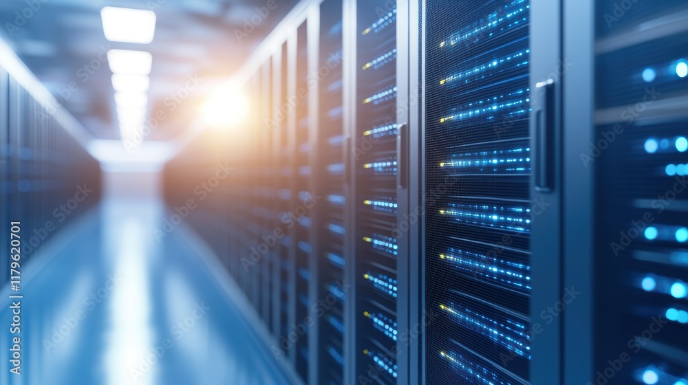Poster rows of glimmering servers in a modern data center with soft lighting and high-tech equipment creati